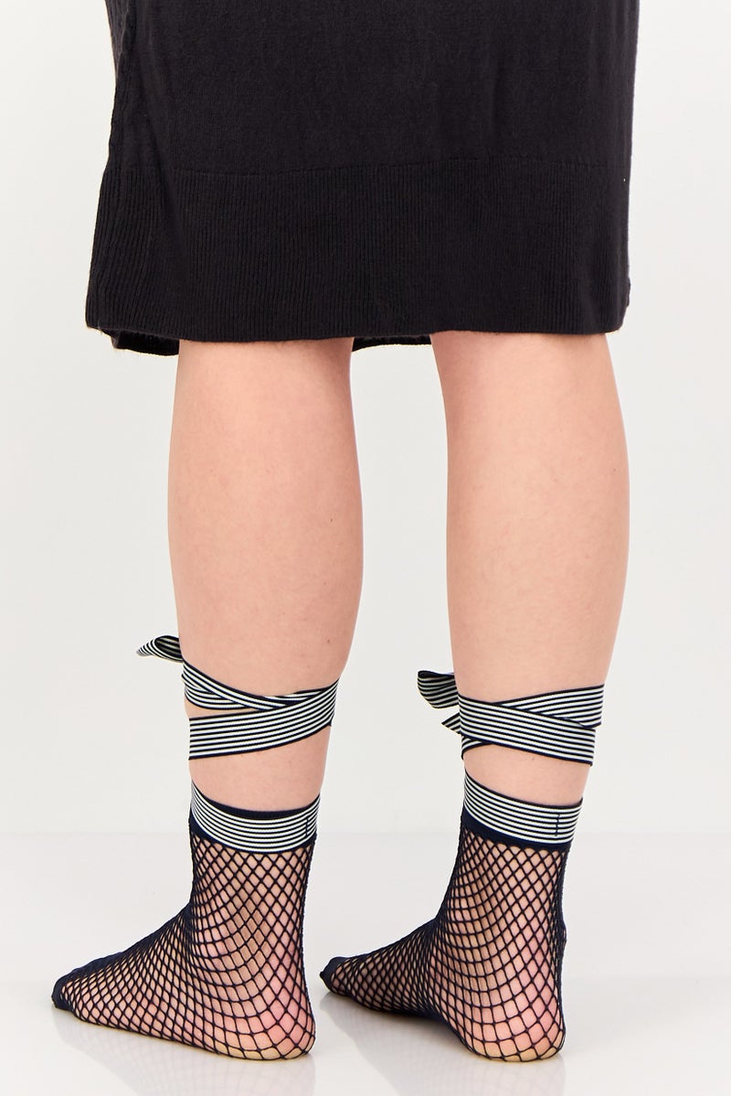 Asos Design Women 1 Pair Fishnet Stripe Bow Strap Ankle Socks, Navy - Image 3